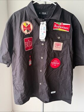 Budweiser Black Short Sleeve Button-Down Shirt with Red Patches